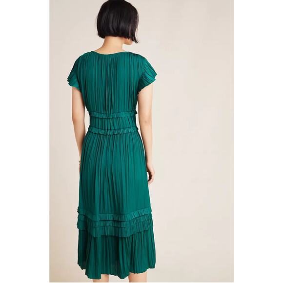 Current Air by Anthropologie Green Sereia Pleated Midi Dress Womens Small V Neck - Picture 2 of 13